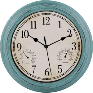 12 Inch Indoor Outdoor Retro Waterproof Wall Clock with Thermometer and Hygrometer, Battery Operated Quartz Round Wall Clock Silent Non Ticking Home Decor,Green, Large