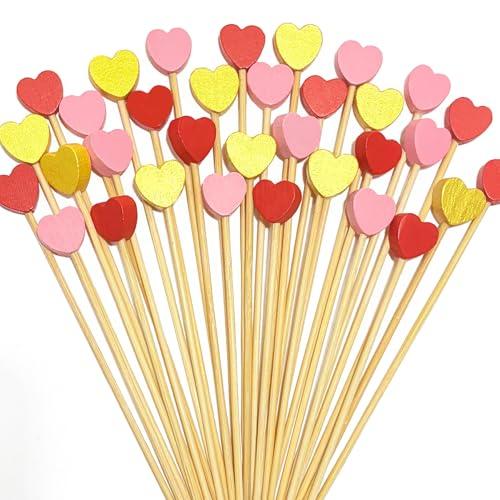 100 Pcs Gold Pink Red Heart Cocktail Picks, 4.7 Inch Heart-Shaped Toothpicks, Fancy Toothpicks for Appetizers, Bamboo Skewers for Dessert Food Fruit Valentines Wedding Birthday Party Decoration