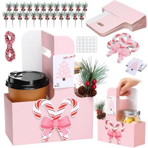 Oudain 24 Set Valentine Gift Carriers with Handle Valentine 2 Cup Drink Holders Pink Kraft Treat Gift Bags Flower Holder Boxes with Greeting Cards and Berry Pines for Teacher Student Gifts Bags