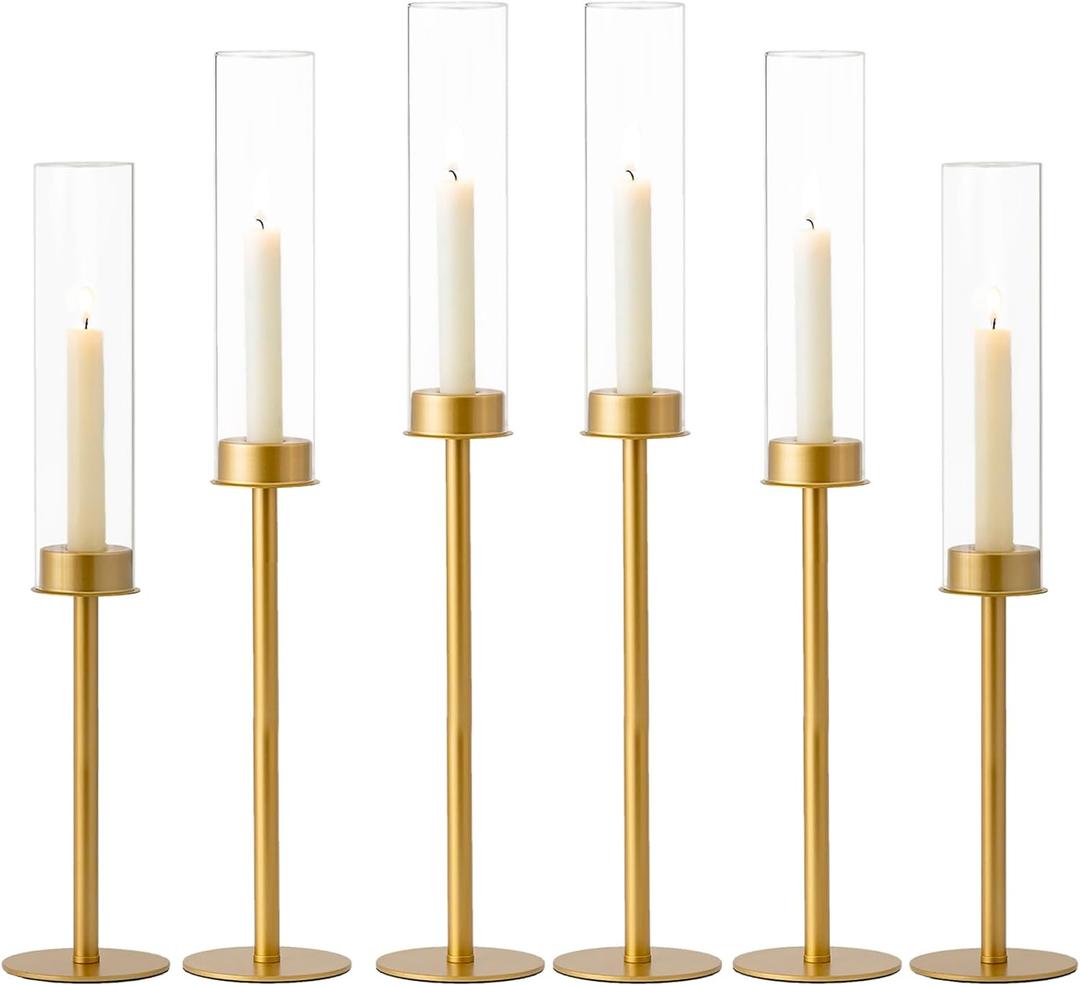 Hewory Gold Tall Hurricane Candlestick Holders: 6Pcs Brass Taper Candle Holder Candelabra Centerpieces, Candle Stick Holders with Candle Cover for Wedding Dinner Christmas Decor
