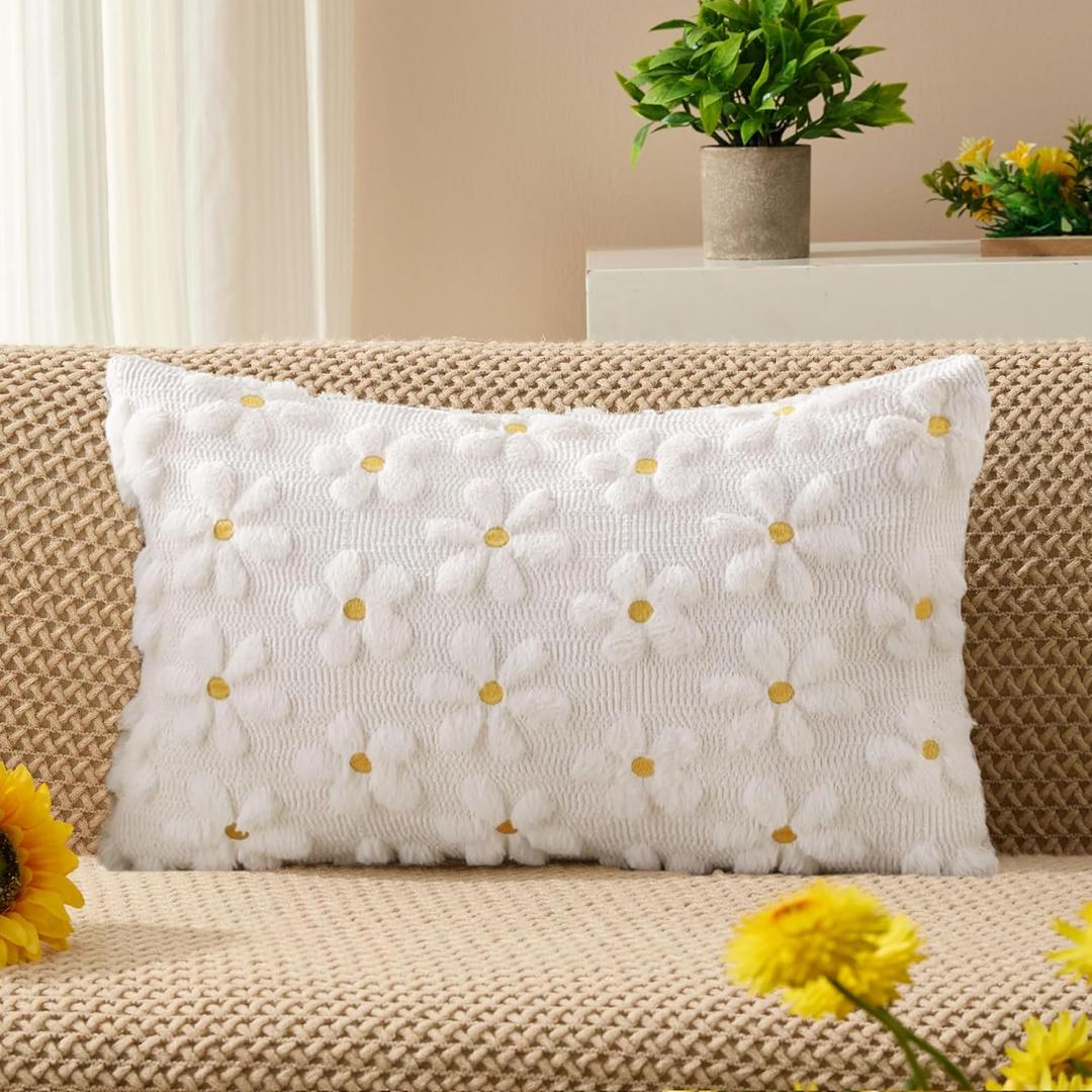 DFXSZ Spring Summer Pillow Covers 12x20 inch Spring Decor Yellow Color Flower Heart Daisy White Soft Plush Faux Fur Jacquard Throw Pillows for Sofa Holiday Home Decor PTK037A12