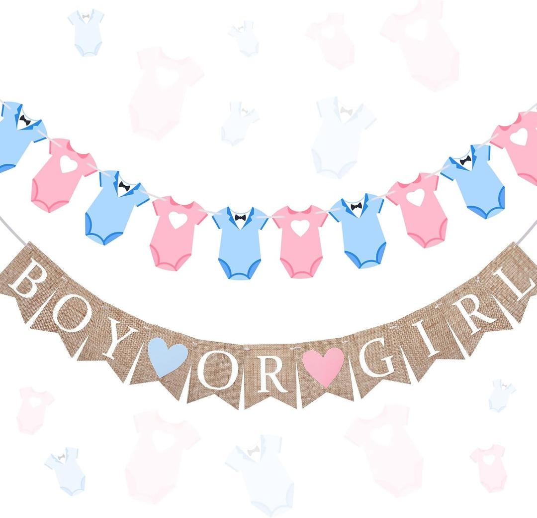 2 Pcs Party Decorations Pre-Strung Boy or Girl Burlap Banner and Garland He or She Sign for Gender Reveal Welcome Baby Shower Birthday Party Decorations(Bodysuits,Pink, Blue)