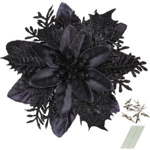GREENTIME 12 Pcs Glitter Poinsettia 5.5" Artificial Flowers Christmas with Clips Stems Xmas Tree Ornaments for New Year Party Stairs Fireplace Porch Balcony Garden Church Wreath Decoration (Black)