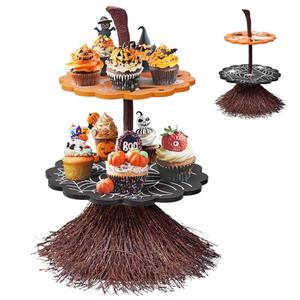 antiai 2 Tier Halloween Cupcake Stand Wooden Cake Dessert Stand Party Supplies Food Tray Decorations Ghost Cupcake Holder for Halloween Party Display Serving Dishes