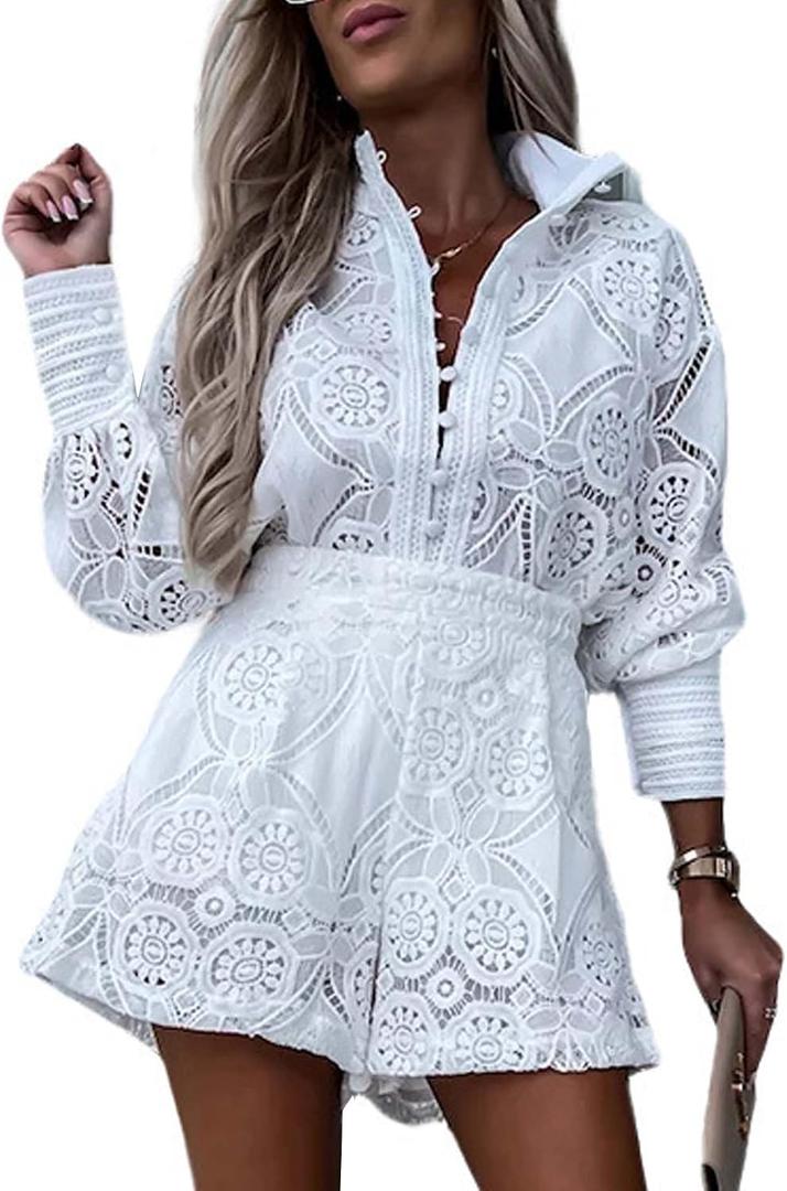 SOMTHRON Women's Summer Eyelet Lace Two Piece Outfits Long Sleeve Blouse Tops Shorts Floral Embroidery Set, Large