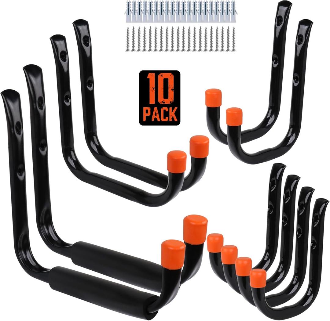 HORUSDY 10-Pack Heavy Duty Garage Storage Hooks Assorted Utility Hooks, 9", 7", 5", 3.5", 3" Two Each (Black)