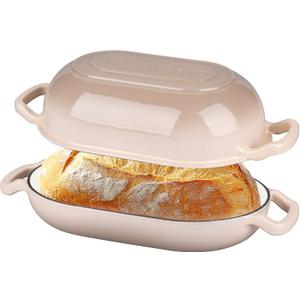 Enameled Cast Iron Sourdough Bread Oven, Dutch Oven, Loaf Cast Iron Bread Pan for Homemade Bread Baking, Meatloaf Pan with Lid, 5QT, Latte