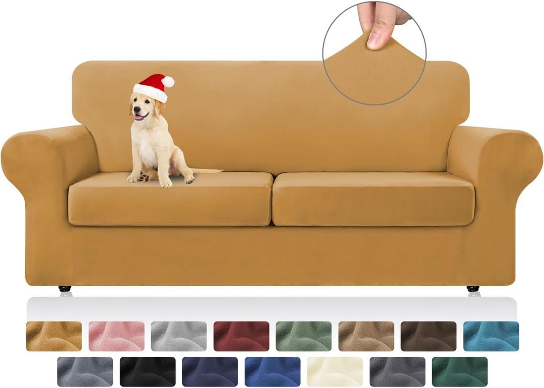 KEKUOU 3 Pieces Stretch Couch Covers for 2 Cushion Couch Sofa pet Friendly Sofa Covers Washable Soft Elastic Dogs Furniture Protector (Loveseat,Golden)
