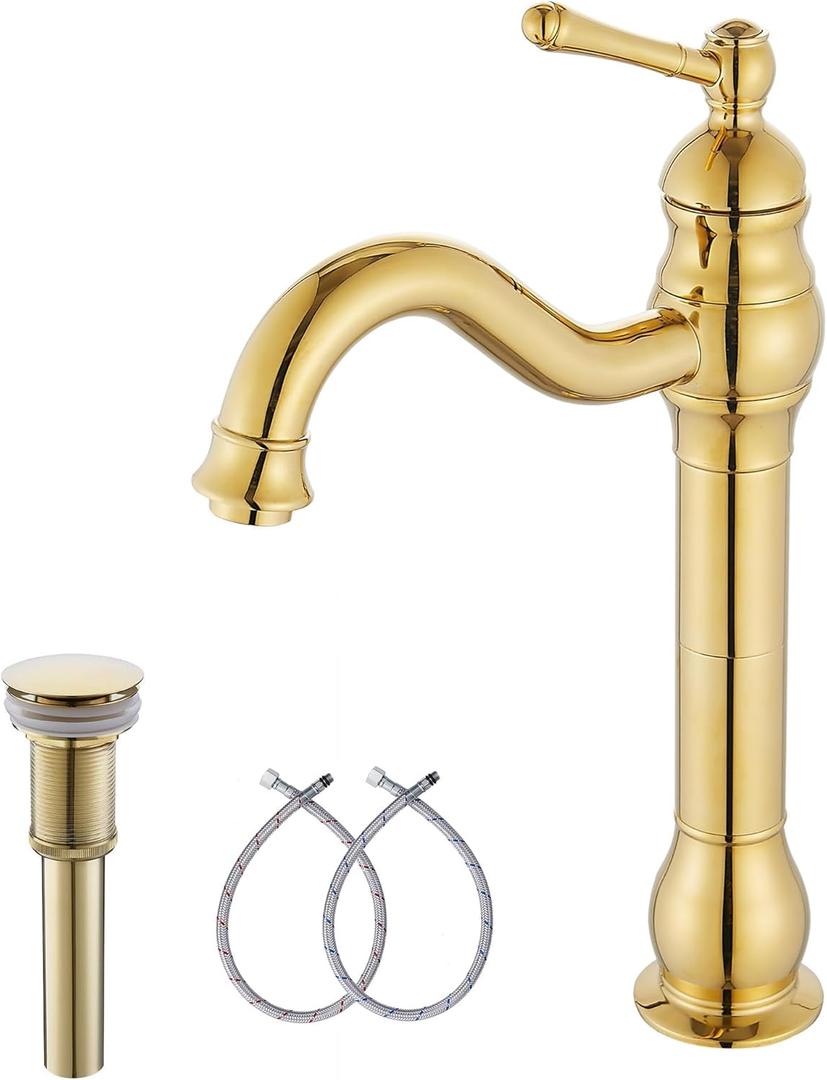 GGStudy 360 Swivel Single-Handle One Hole Bathroom Vessel Sink Faucet Matching Pop Up Drain Polished Gold Farmhouse Vanity Faucet