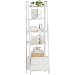 Furologee 5Tier Ladder Shelf with 2 Drawers,Narrow Bookshelf Storage Shelves,Industrial Bookcase Freestanding Rack Units for Bedroom,Living Room,Bathroom,Home Office,Balcony,Wood Metal, White