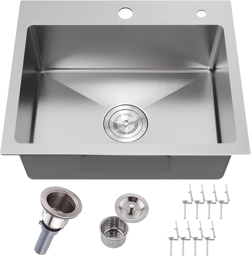 IKEBANA 24 x 18 Inch Brushed Nickel Kitchen Sink Drop in, 16 Gauge Stainless Steel Wet Bar Sink Topmount Single Bowl Small Kitchen Sinks, Outdoor RV Prep Sinks With Dish Grid& Drain