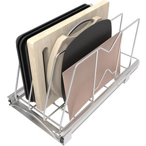 Pull Out Cookie Sheet Organizer for Cabinet, Pan and Pot, Cutting Board, Bakeware, Tray Organizer Rack, Sliding Rack- Heavy Duty, Adjustable Divider Width, 10" W x 22" D x 11" H, Chrome