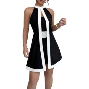 SOLY HUX Women's Color Block Halter Romper Split Front Sleeveless Elegant Short Jumpsuits (Medium, Black and White)