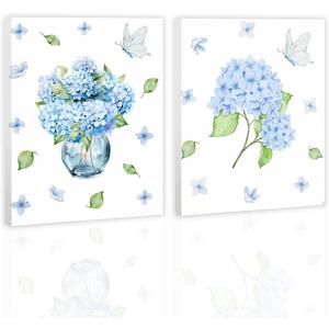 SDFBFVSA Blue Floral Canvas Painting Pictures Set of 2, Butterfly Flies In Indigo Flowers Canvas Prints Artwork for Women Friend Coworker Sister Thanksgiving Christmas Birthday Friendship Gifts