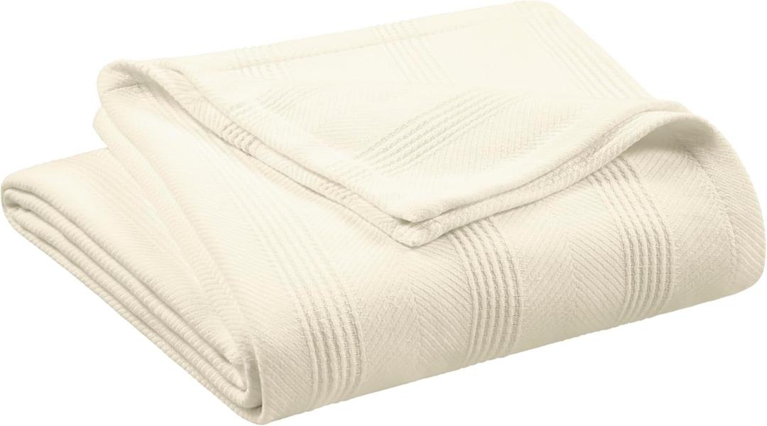 Ivory 100% Cotton Twin Size Blanket | Super Soft Breathable Lightweight Throw | All-Season Knit | Luxury Hotel Style | Easy Care