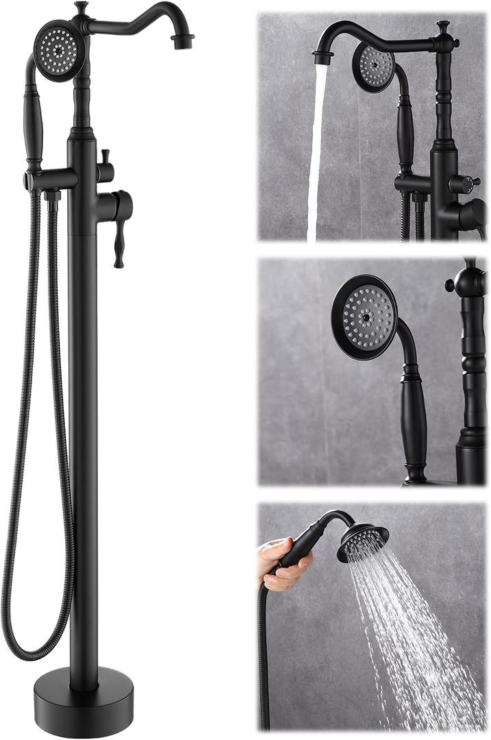 Free Standing Tub Faucet, Floor Mount Bathroom Tub Filler, Freestanding Bathtub Shower Faucets with Handheld Sprayer, Matte Black