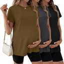 Ficerd 3 Pack Women's Maternity T Shirts, Short Sleeve Side Split Pregnancy Tops Casual Crew Neck Pregnant Tees Mama Clothes (M)