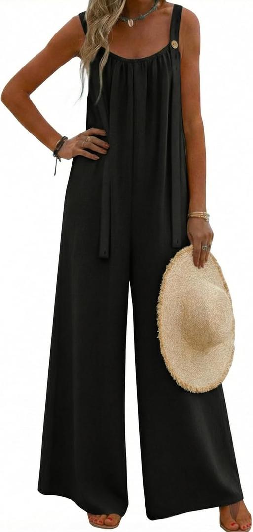 Ekouaer Women's Casual Overalls Boho Floral Loose Wide Leg Jumpsuits Summer Pleated Outfits with Pockets, XL