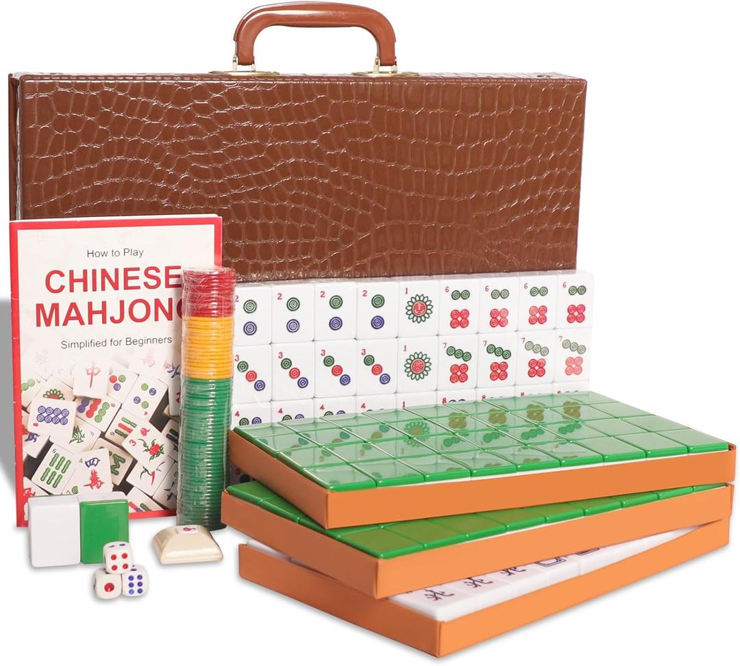 Chinese Mahjong Set, Mahjong Game Set with 146 Numbered Large Tiles (1.5", Green), Mahjong Tiles Set with Brown Carrying Case