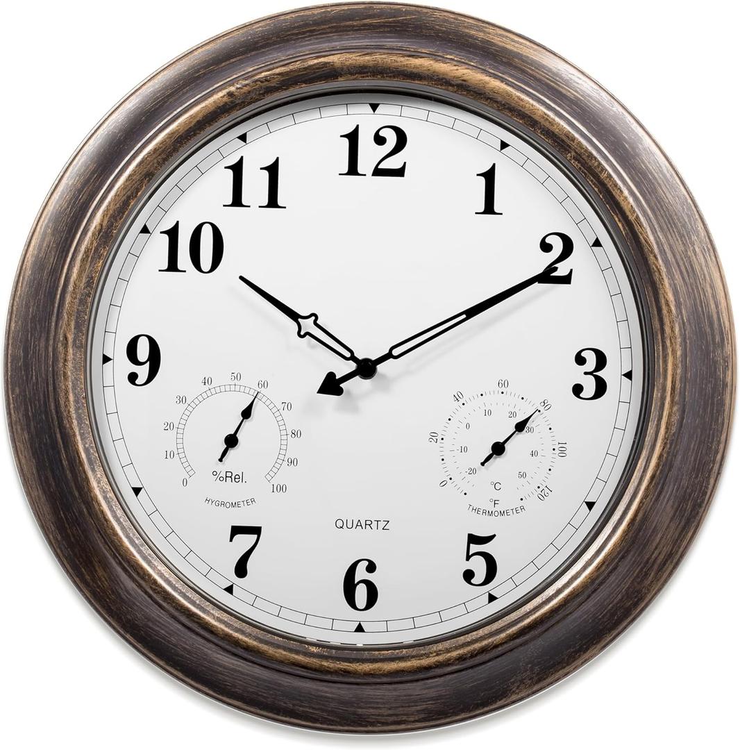 Outdoor Clocks Waterproof, 18 in Large Outdoor Clock for Patio w/Thermometer Hygrometer, Silent Battery Operated Decorative Vintage Wall Clock for Living Room/Bathroom/Pool, Bronze