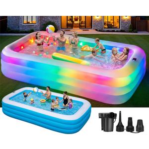 Inflatable Pool for Adults and Kids, 130"x72"x22" Full Size Inflatable Pools with Lights & Pump, Large Blow Up Pool for Family, Thickened Inflatable Swimming Pool for Outdoor Backyard