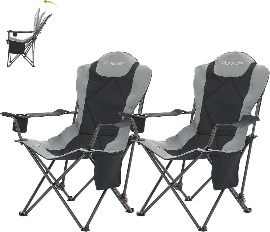 Aohanoi Camping Chairs, Portable 2 Pack Camp Chairs for Heavy People with Adjustable Angled Backrest, Outdoor Folding Camping Chairs for Outside Supports up to 350lbs, Carry Bag Included