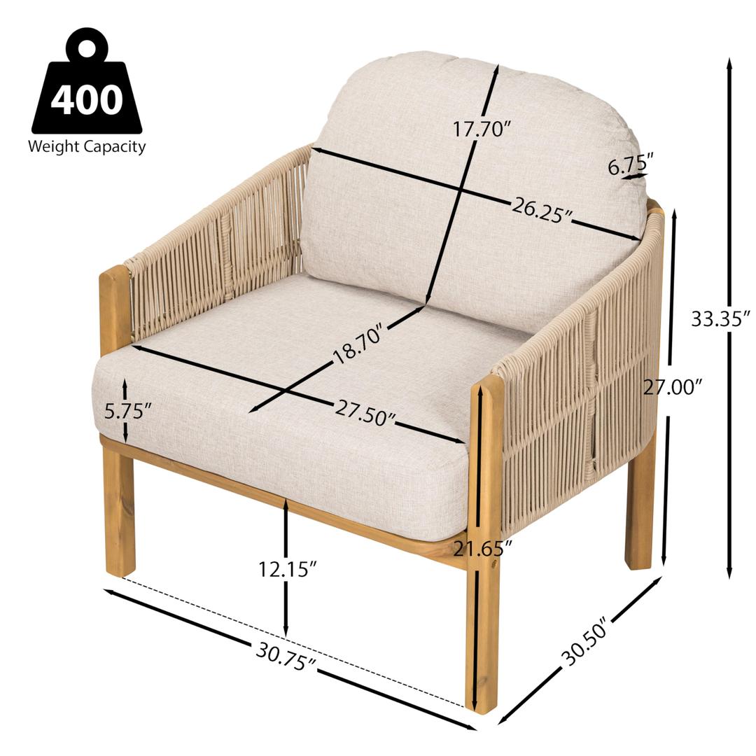 Merax Patio Chair, Acacia Wood Outdoor Club Chair with Cozy 5.75" Thick Cushion & Rope-Weave Backrest, Bohe Style Patio Dining Armchair Chairs for Garden Balcony Outside Dining Relax, Beige