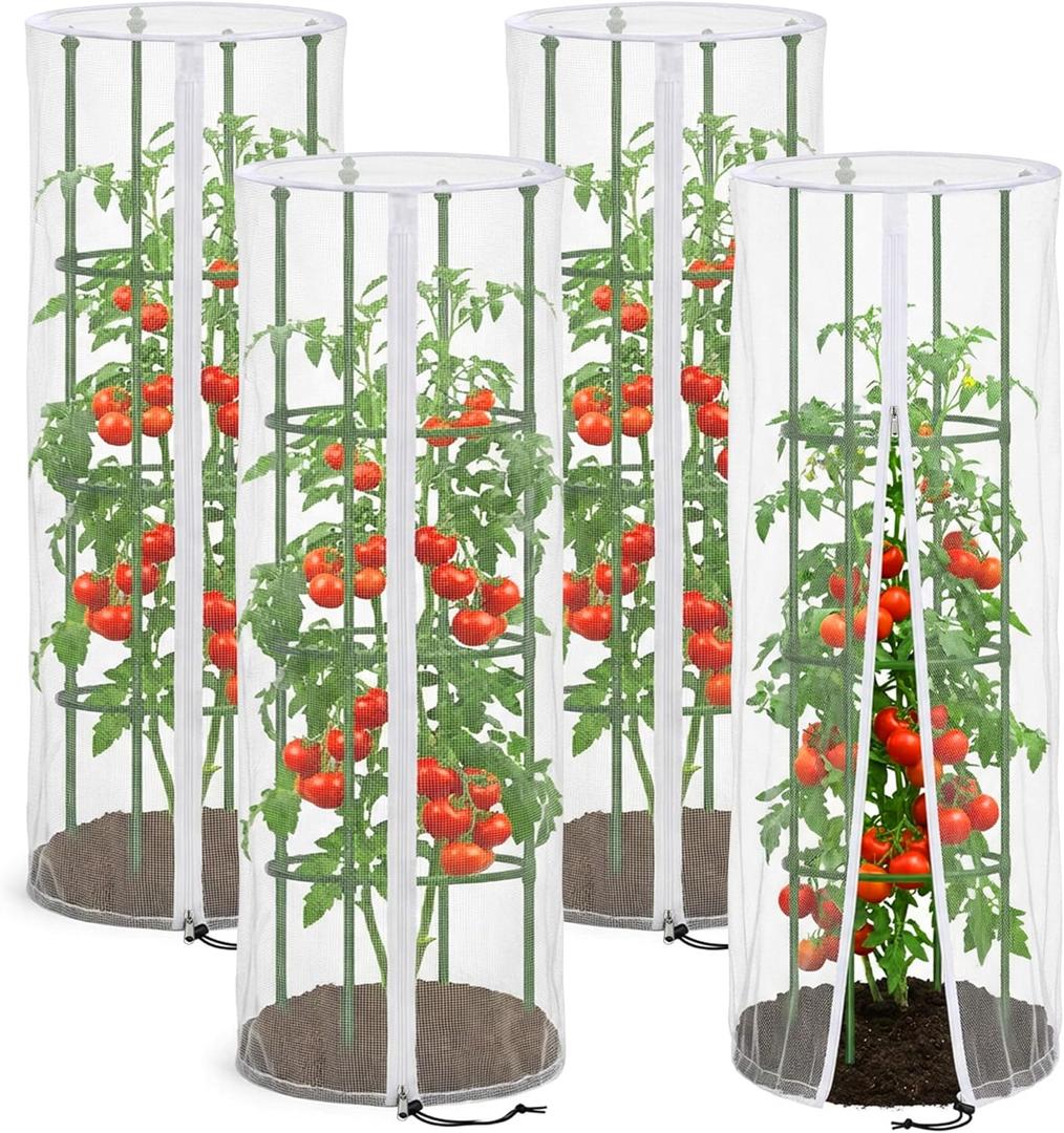 4 Pcs Garden Bird Netting Cover for Round Tomato Cage, 59" x 18" Tomato Trellis Insect Barrier Protection Mesh, Plant Cage Garden Net Cover with Zipper for Vertical Climbing Plants Vegetables Fruits