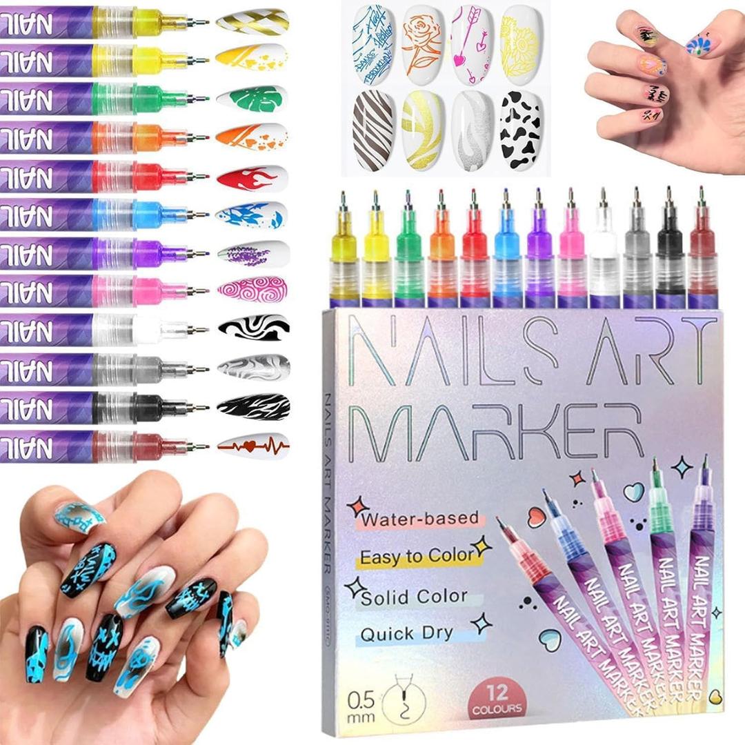 12 Colors Nail Art Marker Pens Set, Nail Markers for Nail Art, Suitable for Nail Art, Nail Painting, And Artistic Decorations; Suitable for Both Children And Adults, Nail Art Pen Set for Beginners