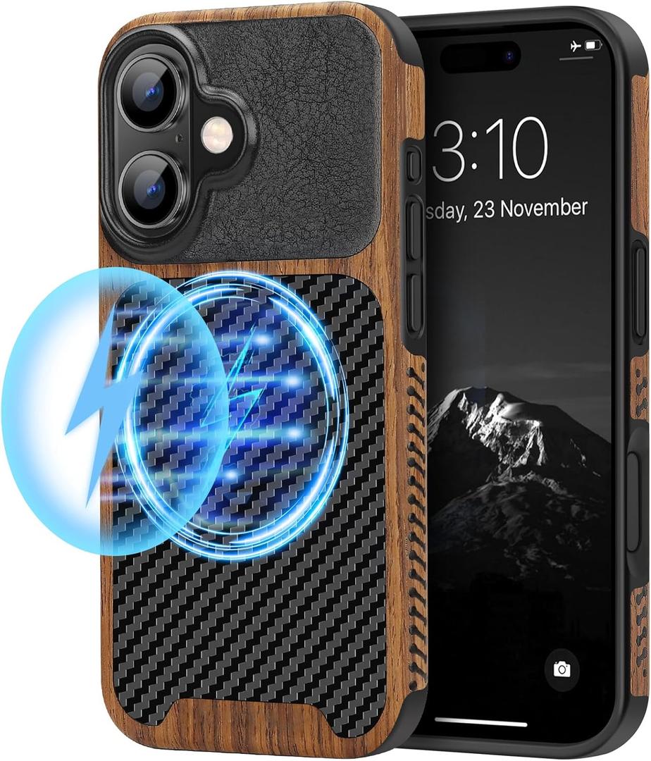 TENDLIN Magnetic Case Compatible with iPhone 16 Phone Case Wood Grain with Carbon Fiber Texture Design Leather Hybrid Slim Case (Compatible with MagSafe) Black