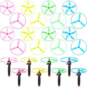 24 Pcs Flying Saucer Flying Disc Toy Helicopter Toy Disco Flyers Include 8 String Launchers and 16 Flying Saucer Flying Disc Launcher Flying Toys Little Teens Outdoor Activity Birthday Favors