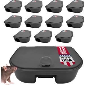 Exterminators Choice Compact Mouse Bait Station - Heavy-Duty Outdoor Rat Bait Box - Lockable Design with Key - Versatile Indoor & Outdoor Use - Pack of 12, Black, 4.75in x 3.5in x 1.25in