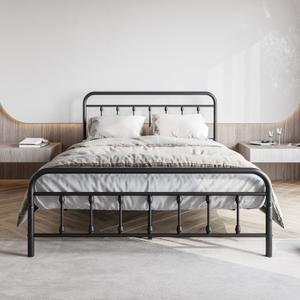 Vintage Queen Size Bed Frame with Headboard and Footboard Mattress Heavy Duty Metal Platform, Steel Slat Support (Queen, Black Sanded)