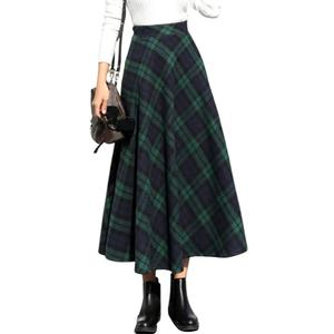 IDEALSANXUN Womens Plaid Wool Skirts Elastic Waist A-Line Pleated Tartan Long Skirts S