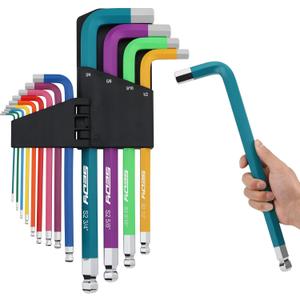 13-Piece Color Coding Jumbo Ball End Long Arm Hex-Key Large Allen Wrench Set, SAE (5/64"-3/4") Anti-Slip Long Ball End Hex Wrench Set, Chrome Vanadium Steel, for Automotive, Bicycle Repairs and DIY