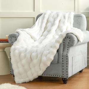 Plush & Plaid Faux Fur Twin Blanket for Couch Sofa, Fuzzy Soft Thick Bubble Blanket for Bedroom Living Room, 60 by 80 inches, White