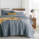 palassio Blue Grey Queen Size Quilt Set, Muslin Cotton Shell Down-Alt Poly Filling, Soft Shabby Chic Rustic Farmhouse Country Bedspread, Textured Gauze Coverlet, Lightweight Bedding, 2 Shams
