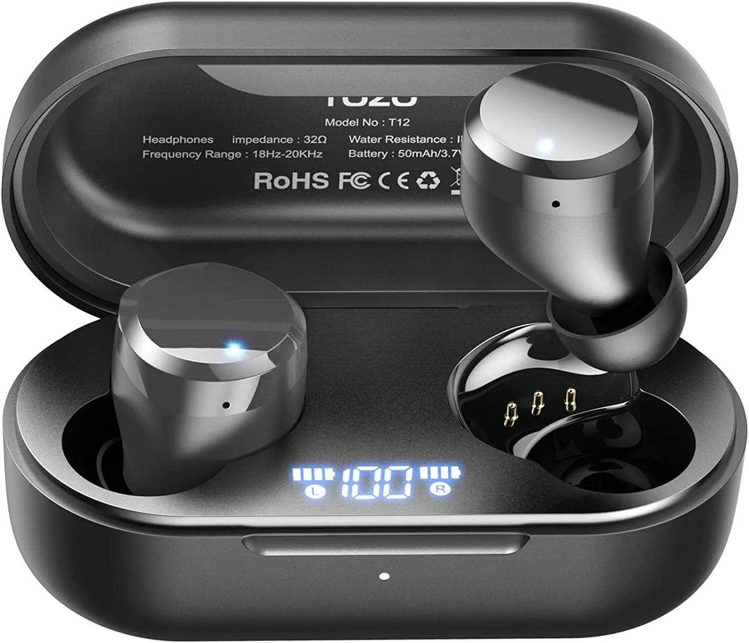 TOZO T12 (Large Ergonomic Edition) Wireless Earbuds Bluetooth 5.3 Headphones Premium Sound Performance Touch Control LED Digital Display Wireless Charging Case Earphones Space Gray (Black)