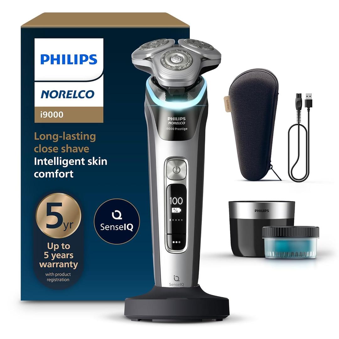 Philips Norelco Shaver i9000 Prestige, Wet & Dry Electric Shaver, Dark Slate Nova, SenseIQ Technology, Triple Lift & Cut System, 360 Rotating Dual SteelPrecision Blades, Charging Stand, XP9204/85 (Gray)