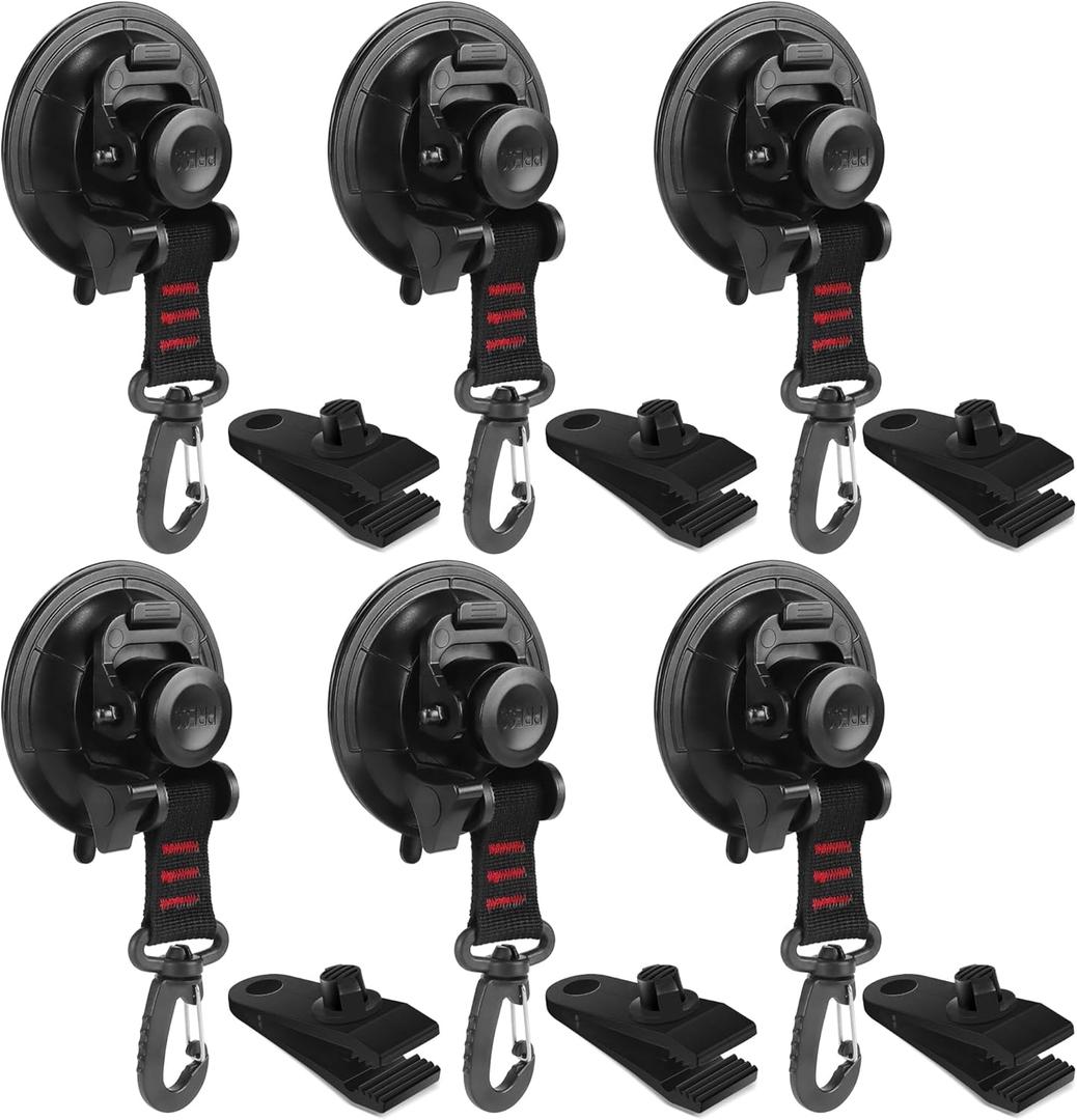Vashly Heavy Duty Suction Cup 6 Pcs Strong Suction Cups with Hooks and 6 Pcs Tarp Clips Deavy Duty Lock Grip for Car Awning Boat Camping