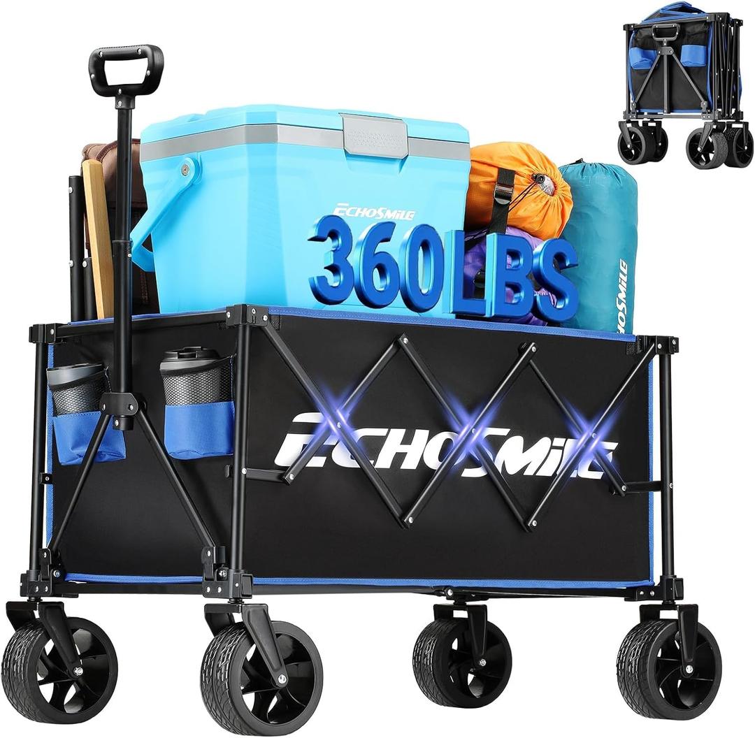 EchoSmile Collapsible Folding Wagon Cart 360lbs, Heavy Duty Garden Utility Cart with All Terrain Wheels, Large Capacity Outdoor Wagon for Camping, Beach, Shopping, Picnic (Blue Black)
