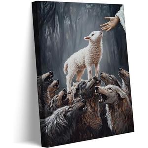 Jesus And Lamb Canvas Wall Art Jesus Saves The Lamb From Wolves Wall Decor Picture Christ Redemption The Lost Lamb Poster Print Painting for Living Room Bedroom Church Home Decoration Ready To Hang