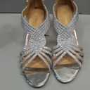 PIZZ ANNU Women's Diana Low Wedge Sandals Sparkly Rhinestone Open Toe Fashion Dress Shoes for Woman Lady in Bridal Dance Evening, Silver Patent 7