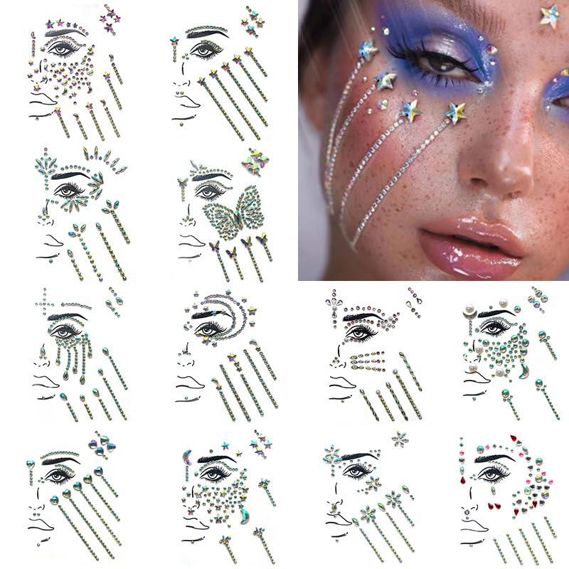 12 Sets Mermaid Face gem, face Jewels Rhinestones makeup Temporary Crystal Stickers Decorations Tattoos Fit for Parties Music Festival (Blind Box with 12 Different Color Variants)