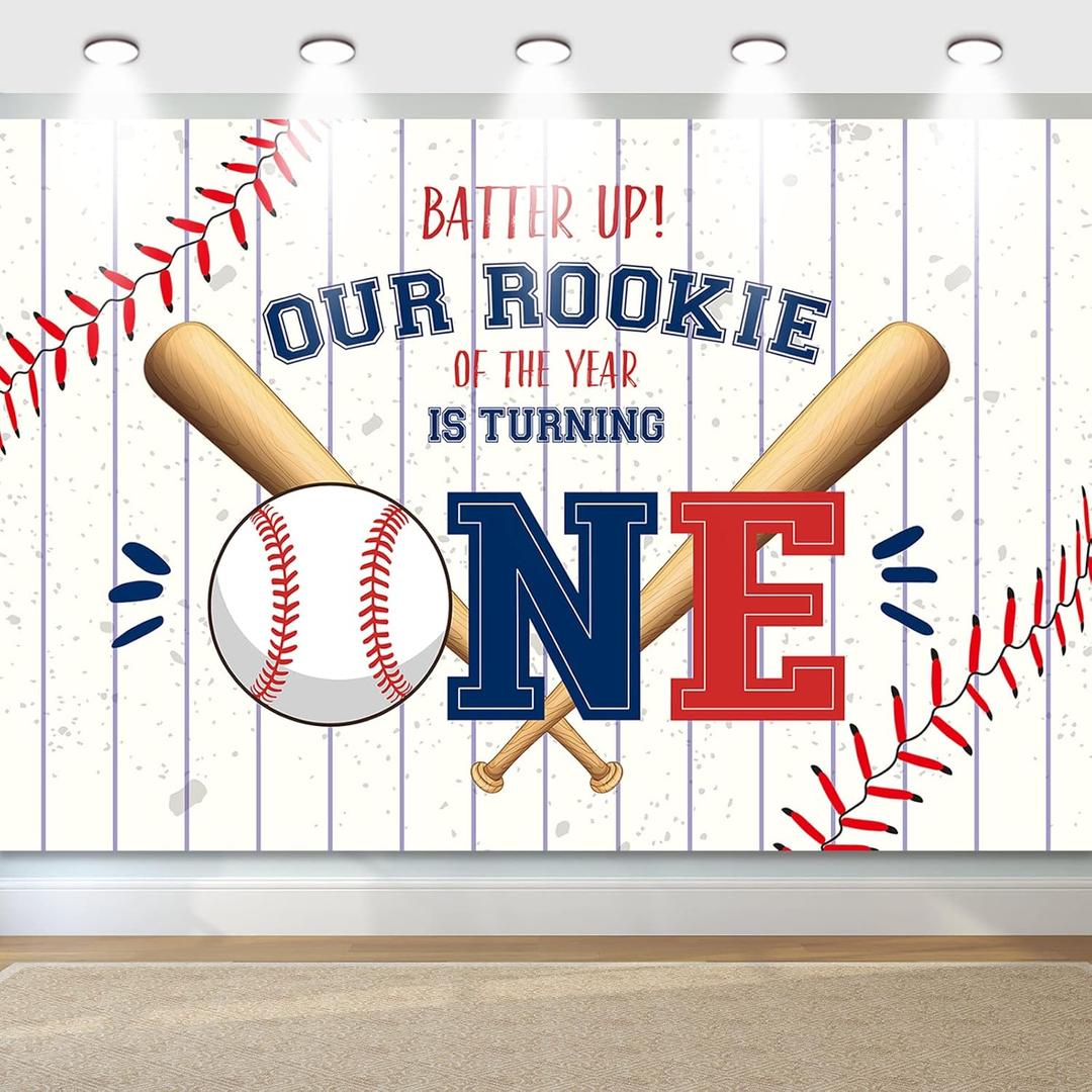 My Rookie Year Banner Backdrop for Boys Baby First Birthday Party Decor, 71x47inch Baseball One Year Old Decor