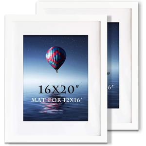 16x20inch Picture Frame Solid Wood Wall Mounting Certificate Poster Photo Frame with MAT Display Pictures 12x16in (White, 2)