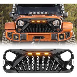 American Modified Heavy Duty ABS Plastic Goliath Grille Compatible with All 2007 to 2018 Jeep Wrangler JK with LED Amber Lights, Glossy Black