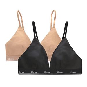 Hanes Women's Originals Triangle Bralette Pack, Breathable Stretch Cotton Bras, 2-Pack, Black/Deep Glow, Medium