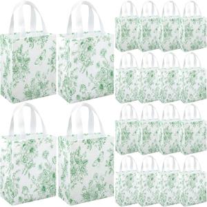 Wovnet 30 Pcs Sage Green Floral Gift Bags with Handle Reusable Non Woven Vintage Floral Tote Party Favor Bags Spring Flowers Treat Goodie Bag for Wedding Bridal Shower Tea Party 10 x 8 x 4 Inch