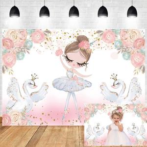 5x3ft Cute Ballet Girl Backdrop for Girls Baby Shower Party Banner Glitter Swan Kids Ballet Tutu Ballerina Birthday Party Photography Background Supplies Blush Pink Floral Cake Table Props